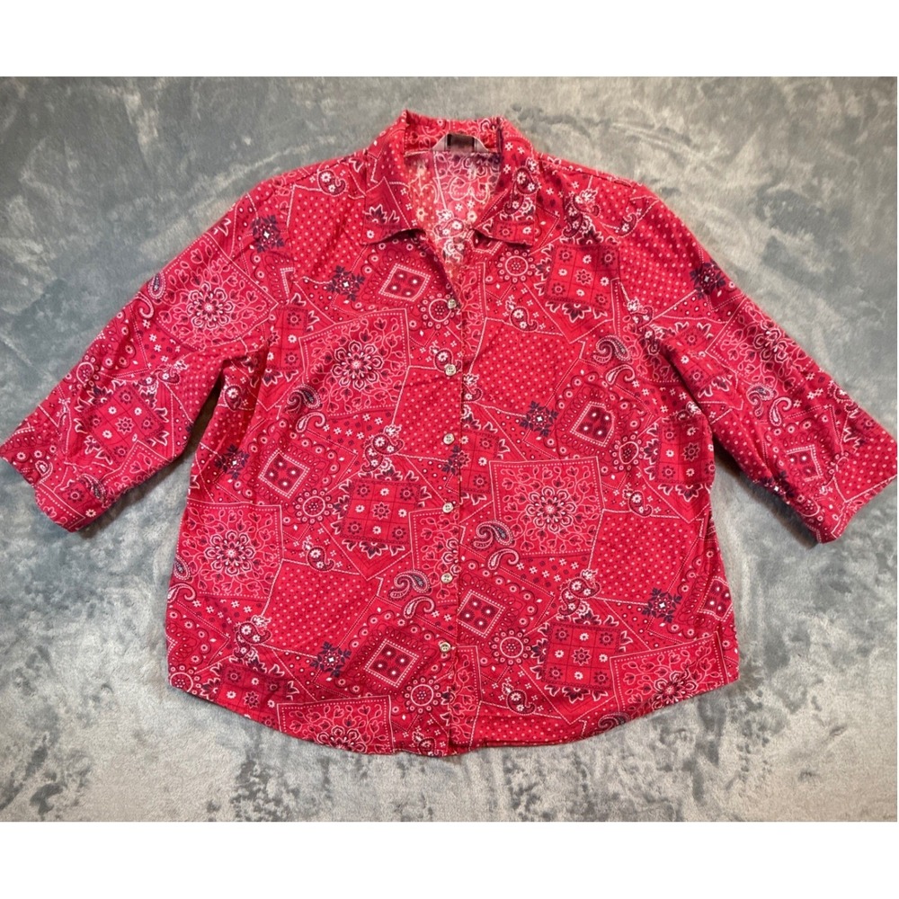 Allison Daley Red Bandana Paisley Button Front 3/4 Sleeve Blouse 20W Western